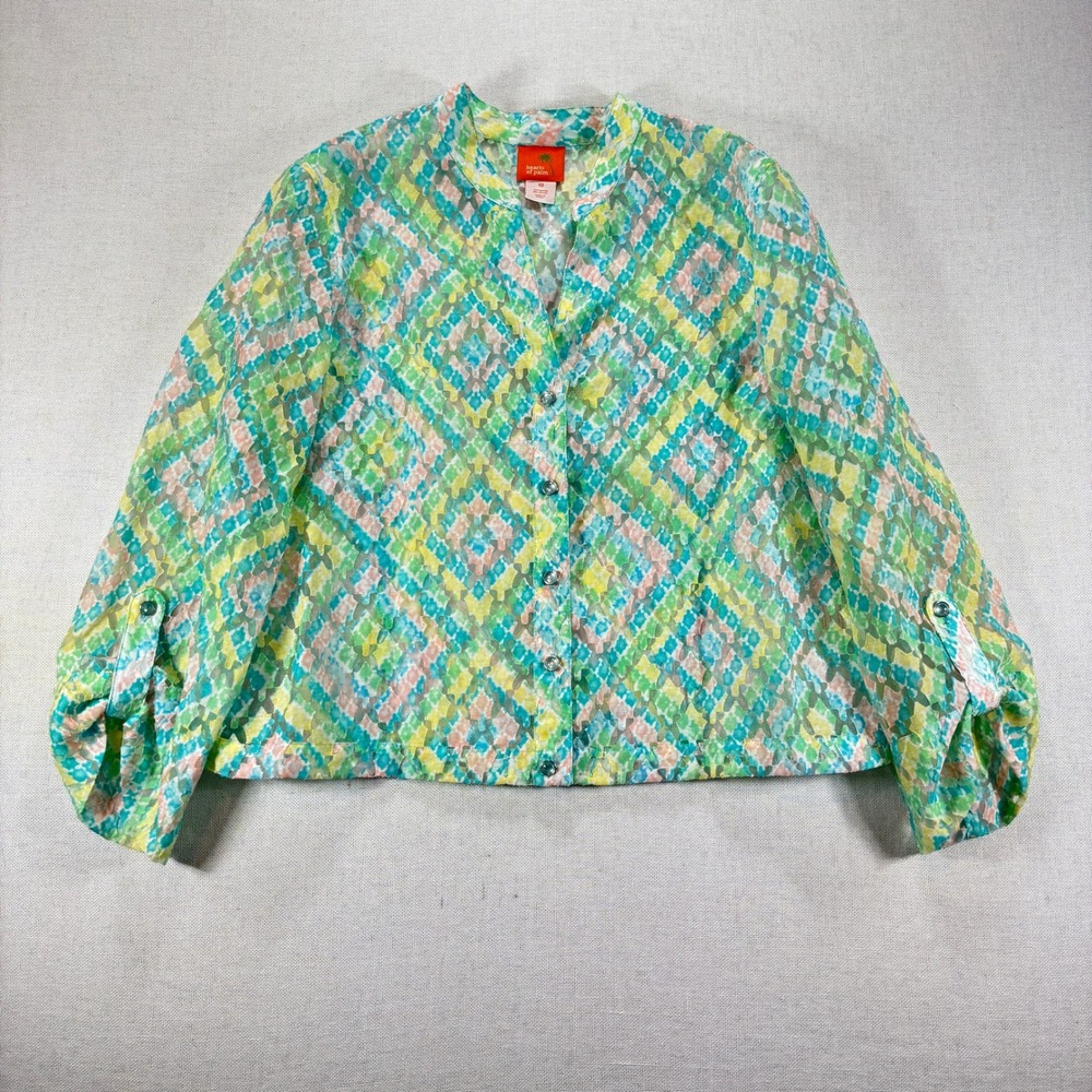 Hearts of Palm Artsy Sheer Abstract Button Up Blouse Jacket Size‎ 10
